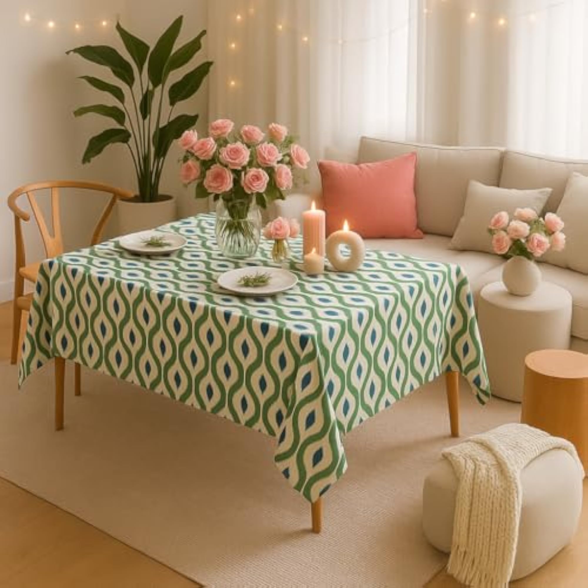 Azure Ikat Print Boho Dining Table Cover, Rectangle Shape